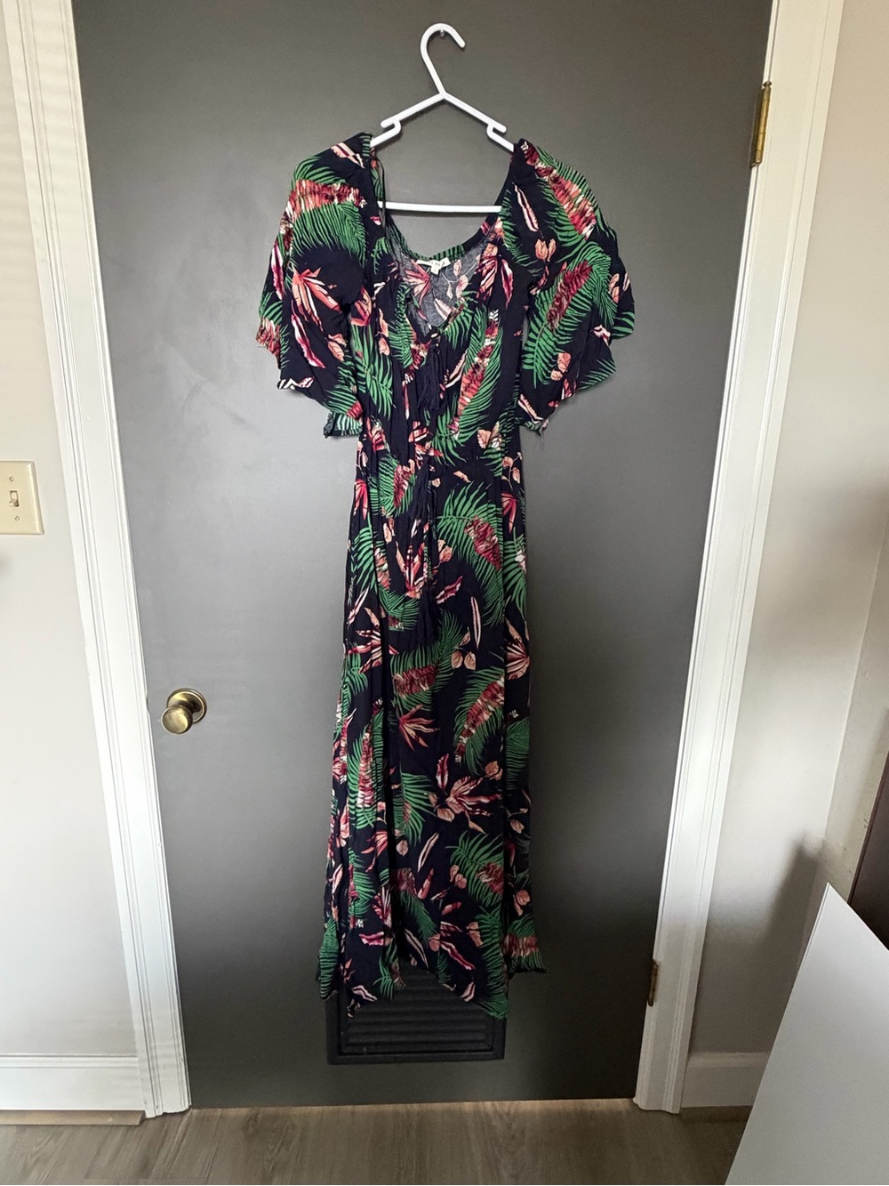 Black Tropical Print Maxi Dress with Green & Pink Leaves